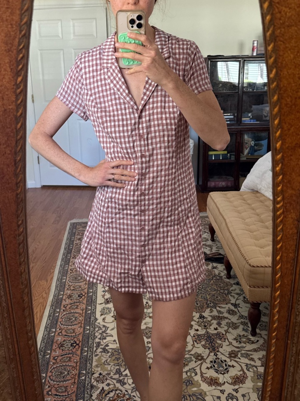 Brown and Cream Gingham Button-Front Shirt Dress